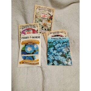 7 Vintage 2000.Flower.seeds. Morning Glory Shasta Daisy Forget Me Nots Petunas
